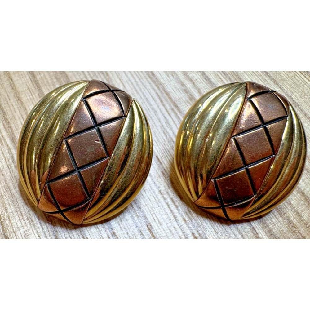 Vtg Monet Signed 60s MCM Mod Clip Button Round Earrings Copper & Gold tone 1.25"
